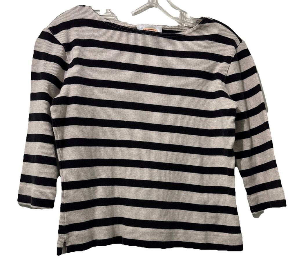 Vintage Talbots Petite Size P/XS Cotton T-shirt Cream Black Striped 3/4 Sleeves